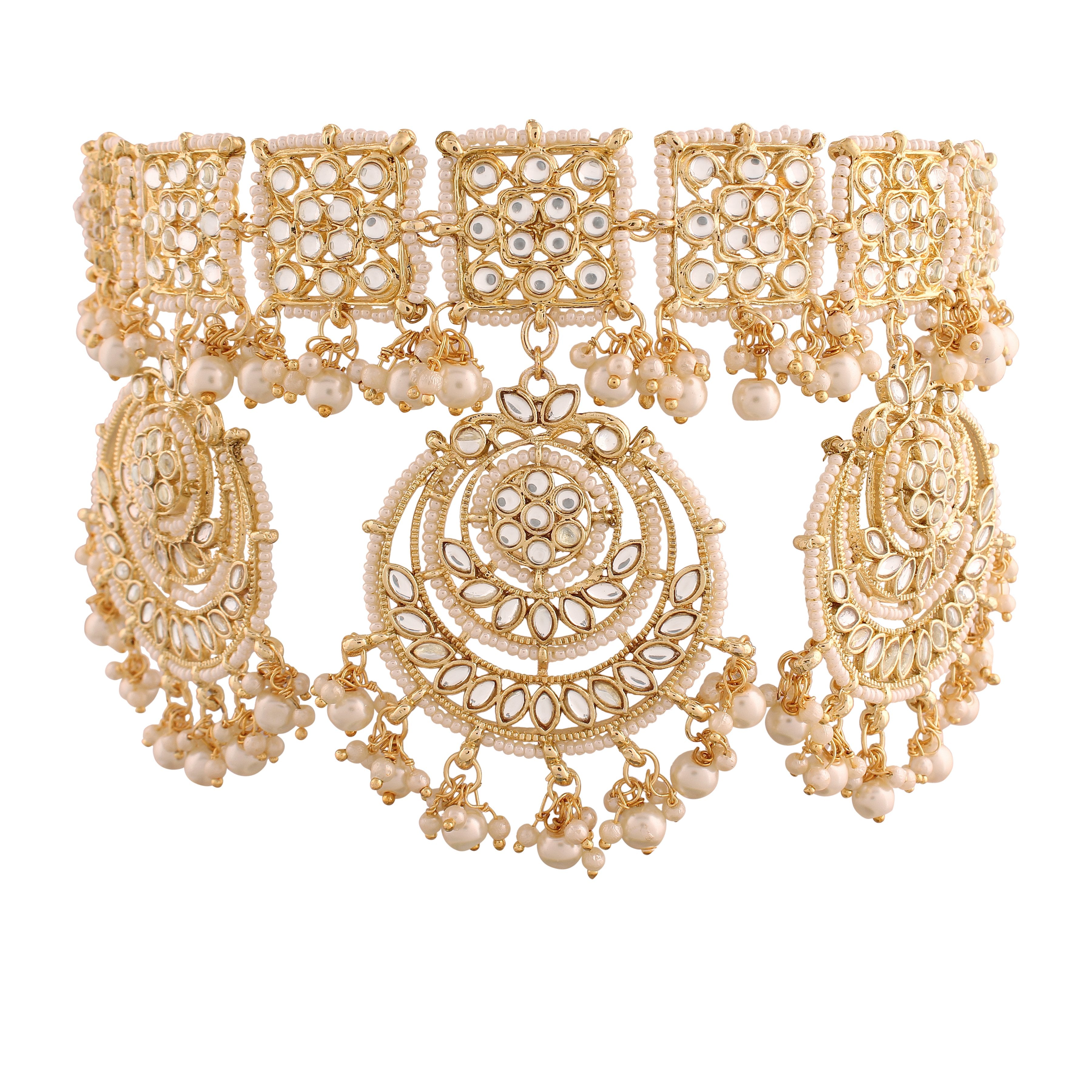 Women's 18K Gold Plated Traditional Kundan & Pearl Studded Choker Set -I Jewels