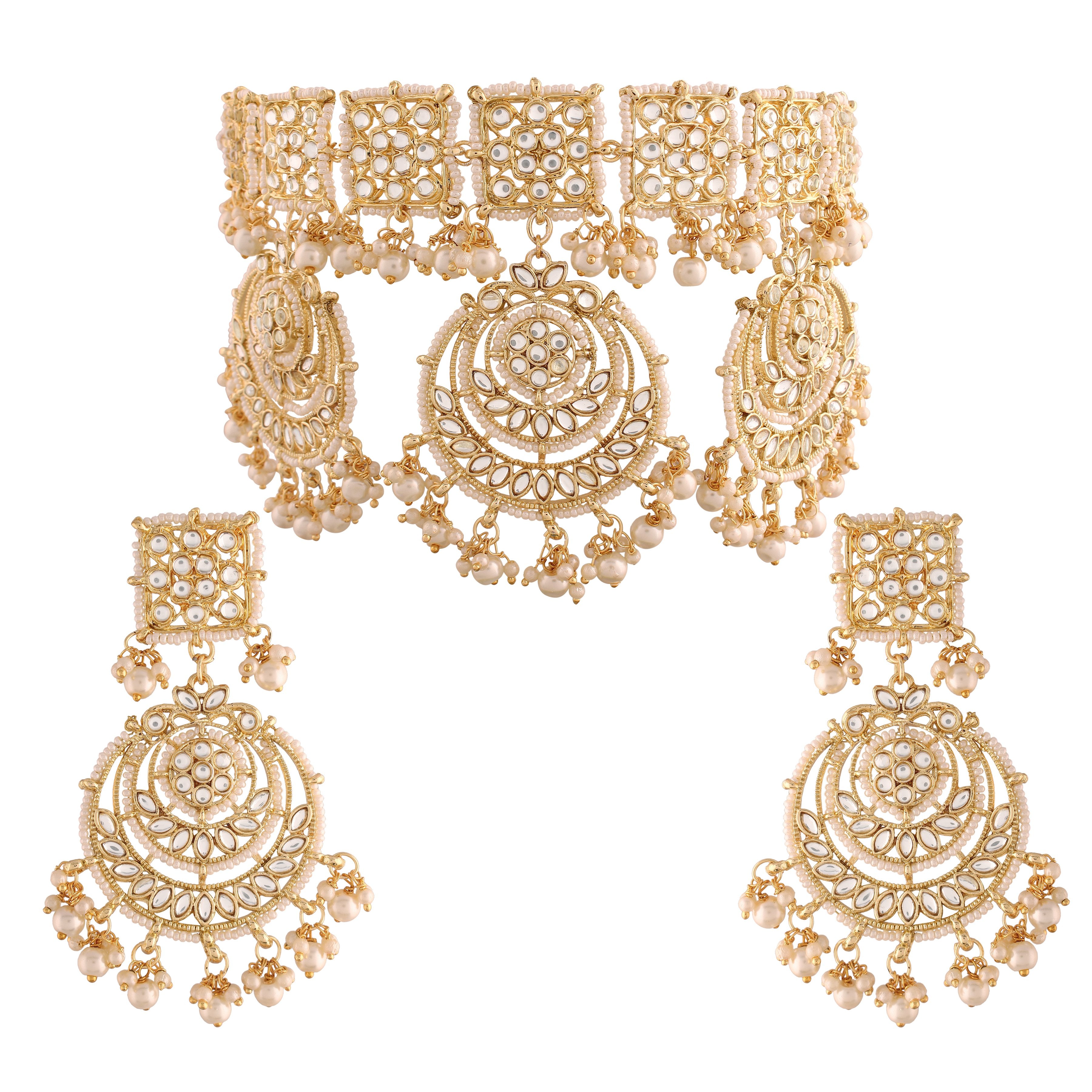 Women's 18K Gold Plated Traditional Kundan & Pearl Studded Choker Set -I Jewels