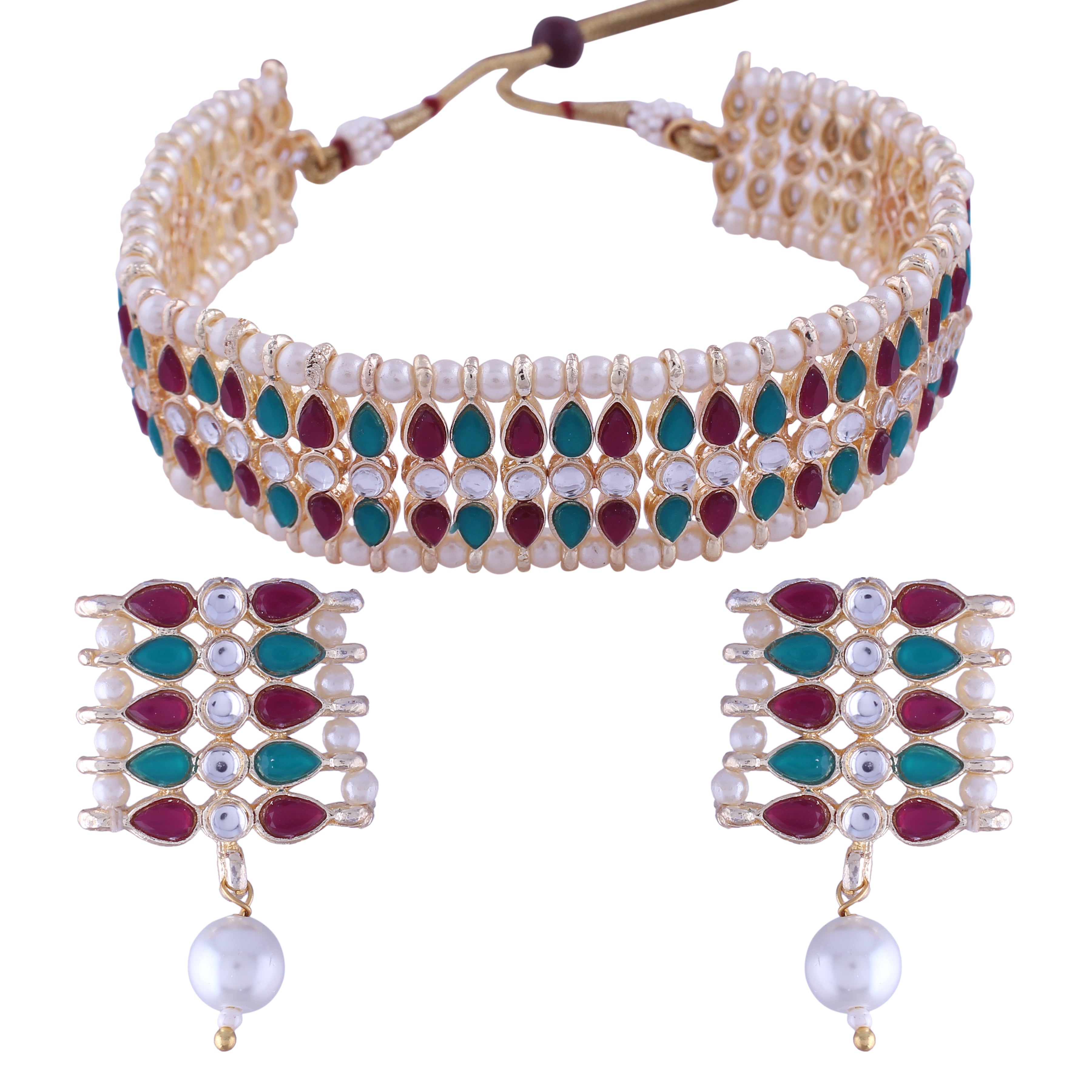 Women's 18k Gold Plated Traditional Peach Pearl & Kundan Studded Choker Necklace Jewellery Set  - I Jewels
