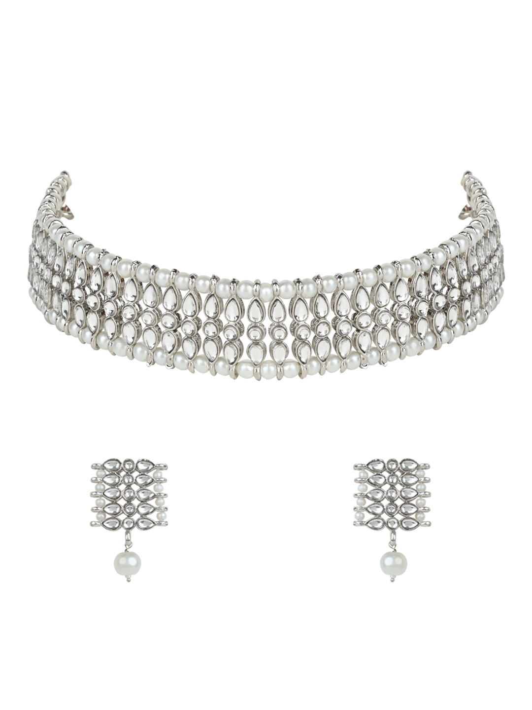 Women's 18k Silver Plated Traditional Silver Pearl & Kundan Studded Choker Necklace Jewellery Set  - I Jewels