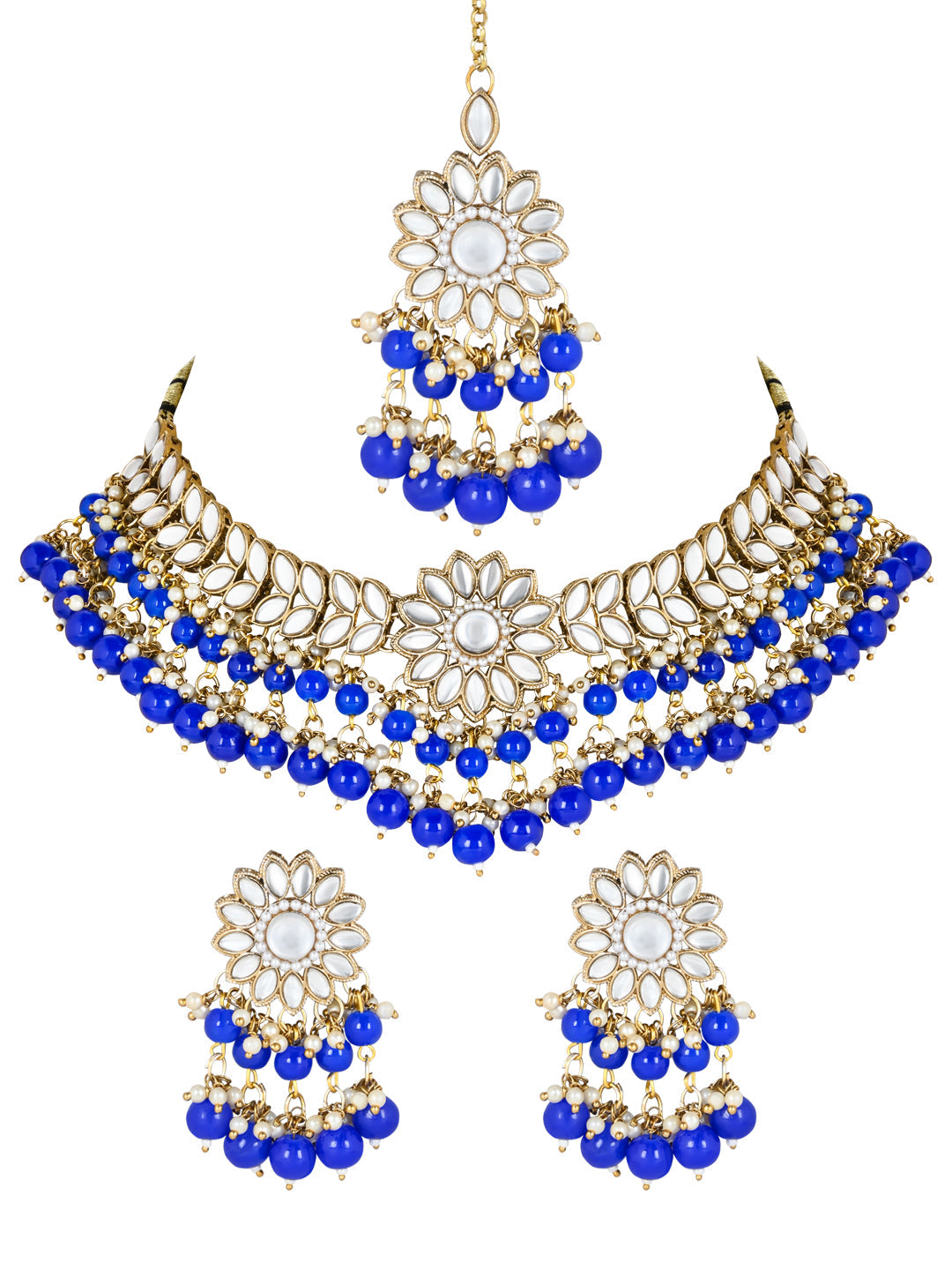 Women's 18K Gold Plated Traditional Kundan Studded Blue Pearl Hanging Choker Necklace Jewellery Set With Earrings & Maang Tikka  - I Jewels