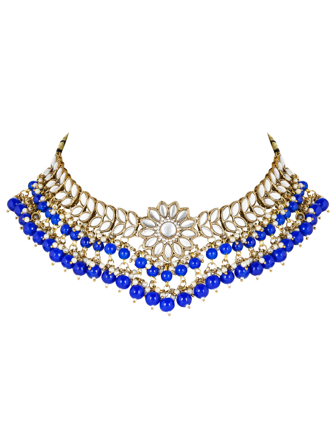 Women's 18K Gold Plated Traditional Kundan Studded Blue Pearl Hanging Choker Necklace Jewellery Set With Earrings & Maang Tikka  - I Jewels