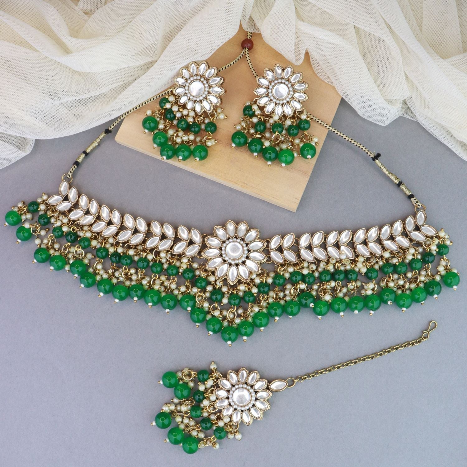 Women's 18K Gold Plated Traditional Kundan Studded Green Pearl Hanging Choker Necklace Jewellery Set With Earrings & Maang Tikka  - I Jewels