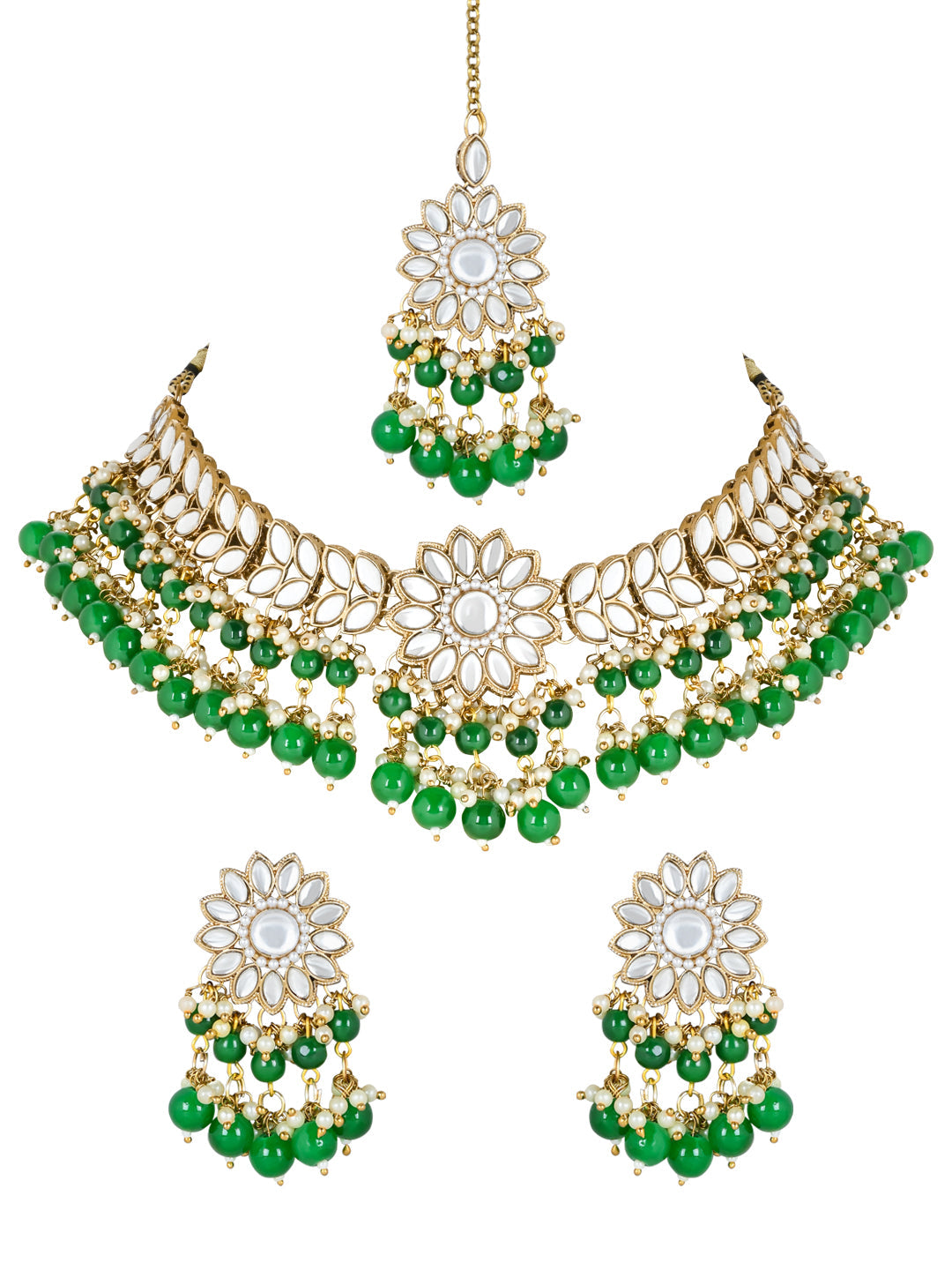 Women's 18K Gold Plated Traditional Kundan Studded Green Pearl Hanging Choker Necklace Jewellery Set With Earrings & Maang Tikka  - I Jewels
