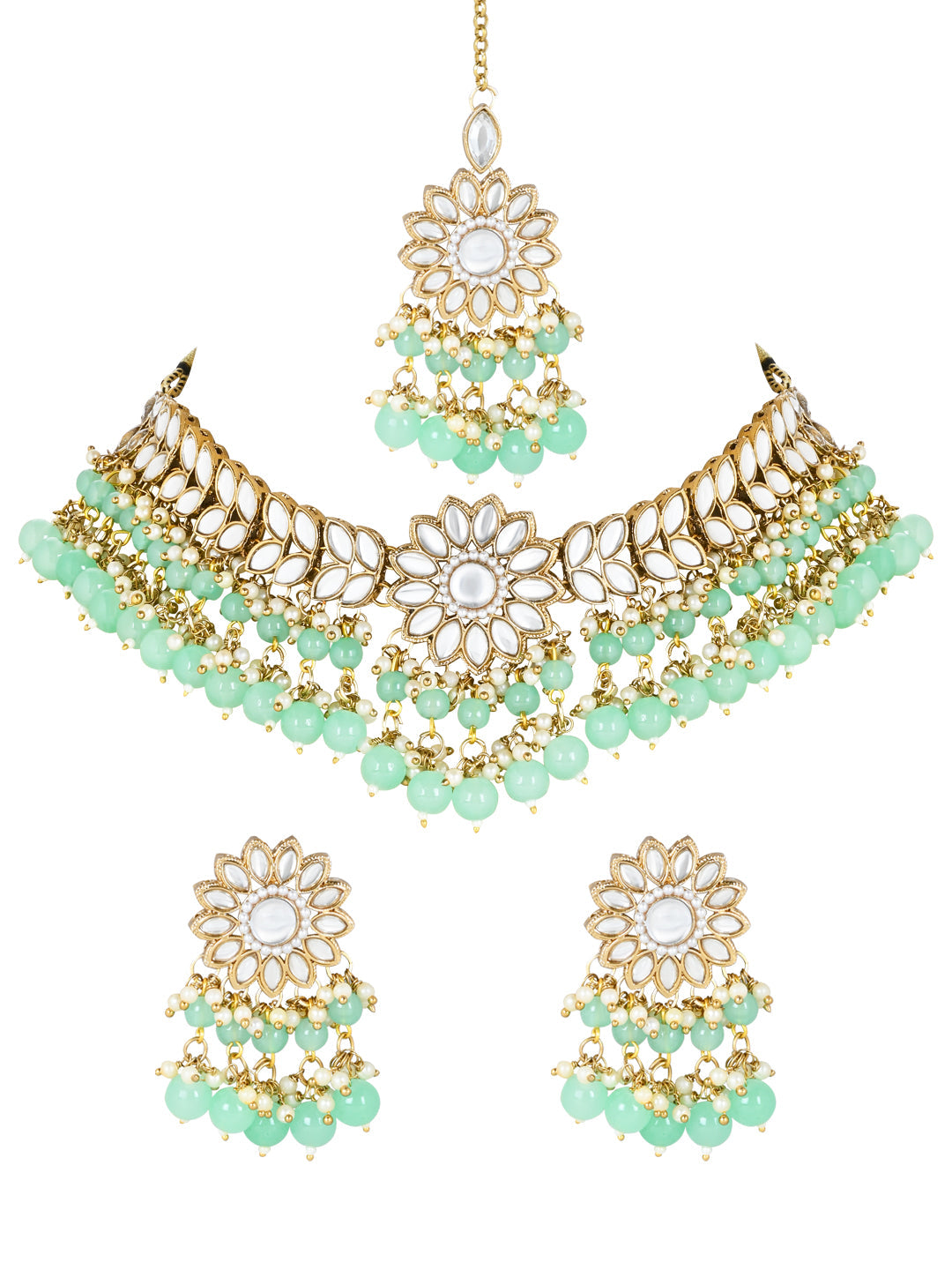 Women's 18K Gold Plated Traditional Kundan Studded Mint Pearl Hanging Choker Necklace Jewellery Set With Earrings & Maang Tikka  - I Jewels