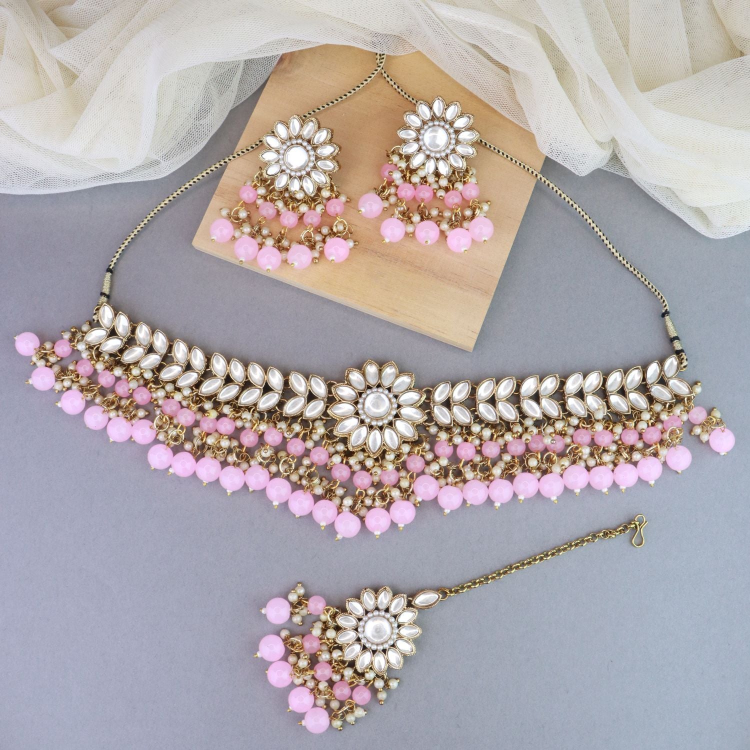 Women's 18K Gold Plated Traditional Kundan Studded Pink Pearl Hanging Choker Necklace Jewellery Set With Earrings & Maang Tikka  - I Jewels