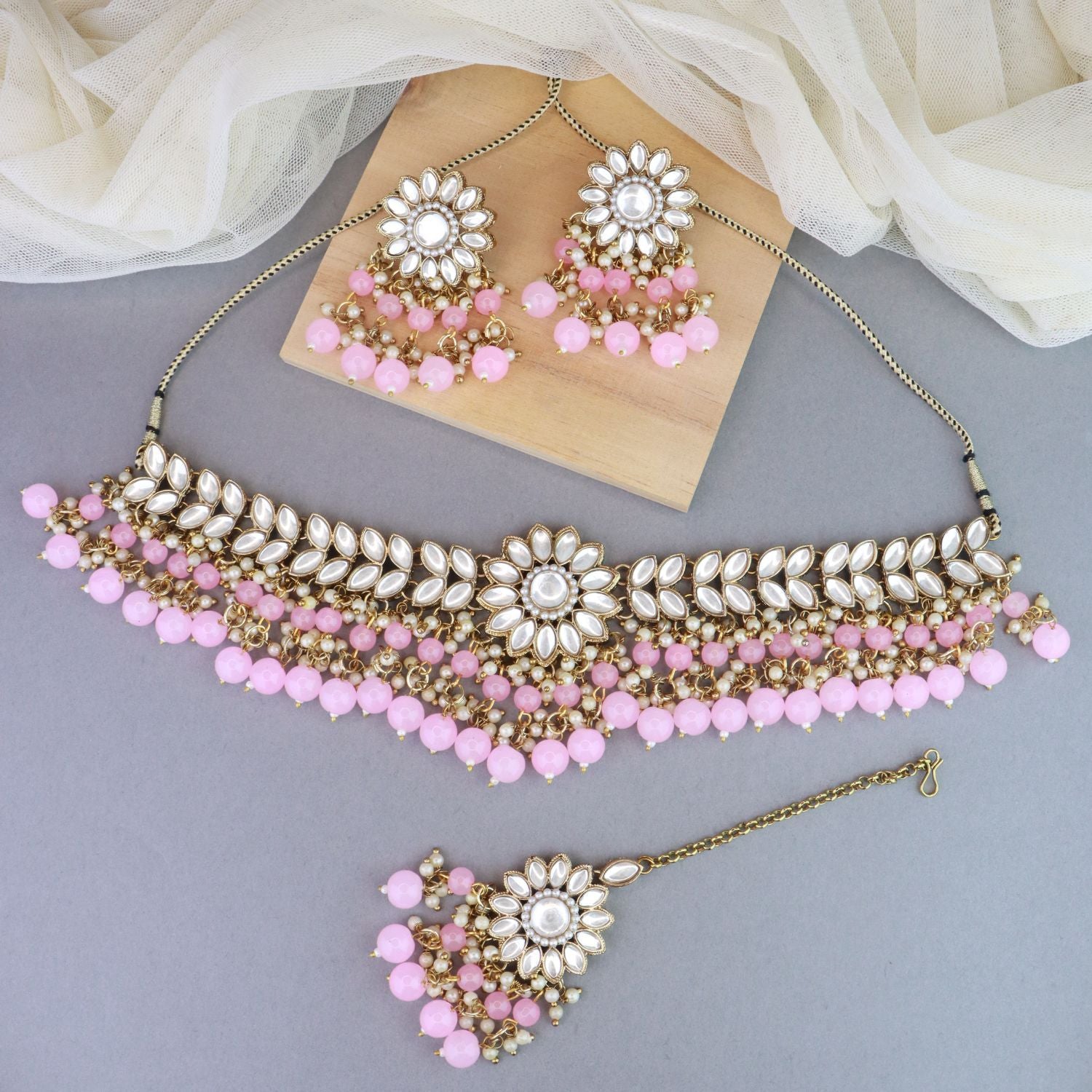 Women's 18K Gold Plated Traditional Kundan Studded Pink Pearl Hanging Choker Necklace Jewellery Set With Earrings Maang Tikka