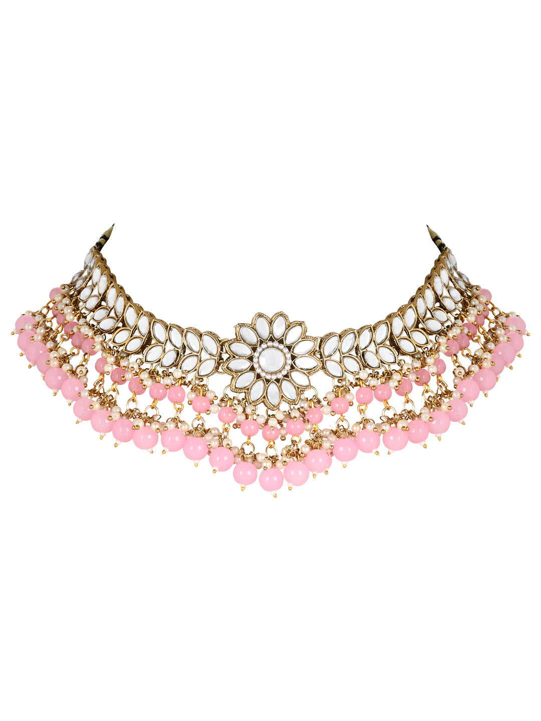 Women's 18K Gold Plated Traditional Kundan Studded Pink Pearl Hanging Choker Necklace Jewellery Set With Earrings & Maang Tikka  - I Jewels