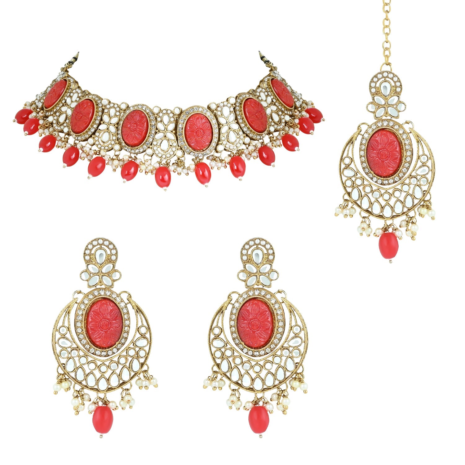 Women's 18k Gold Plated Traditional Red Pearl Kundan & Stone Studded Jewellery Necklace Set with Maang Tikka  - I Jewels