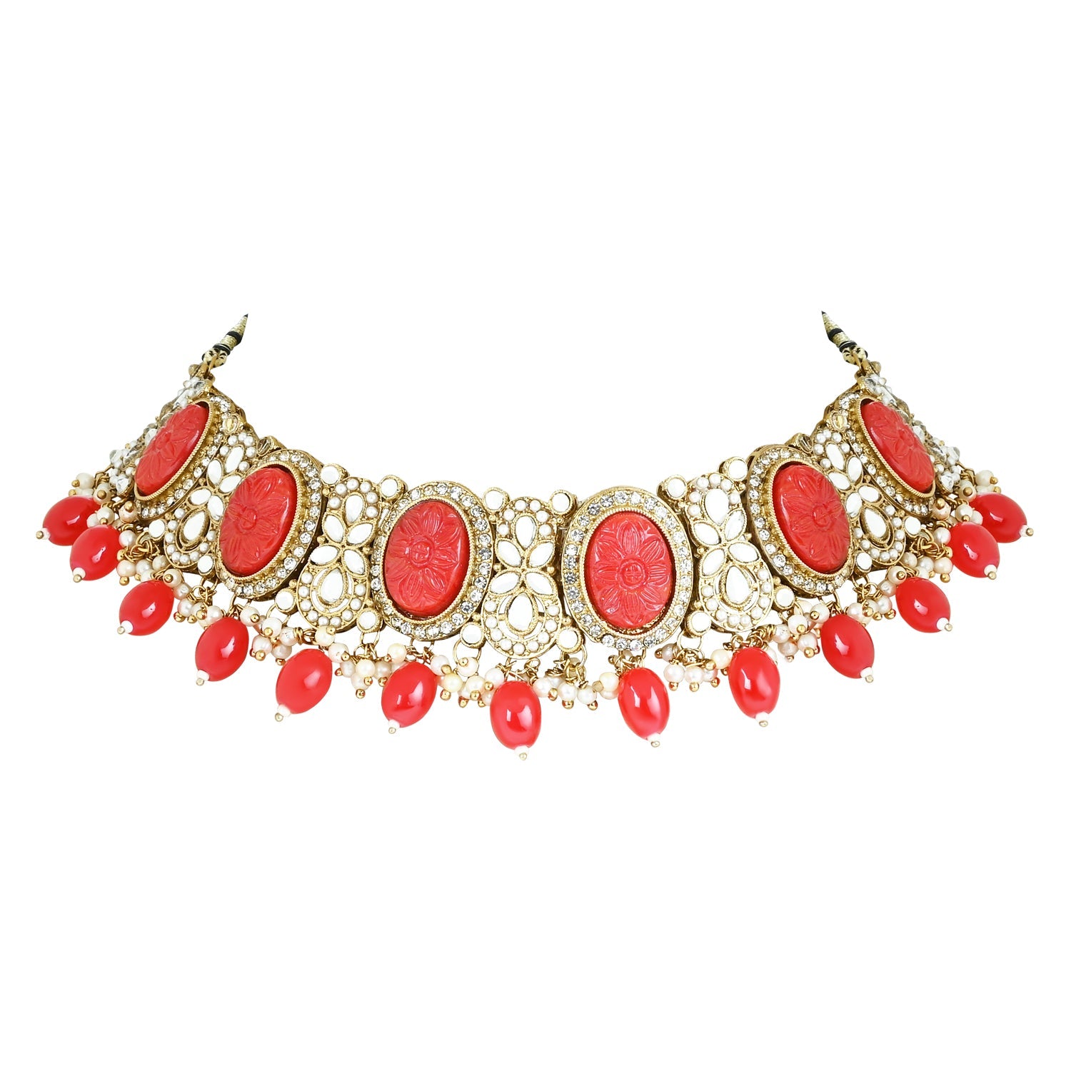 Women's 18k Gold Plated Traditional Red Pearl Kundan & Stone Studded Jewellery Necklace Set with Maang Tikka  - I Jewels