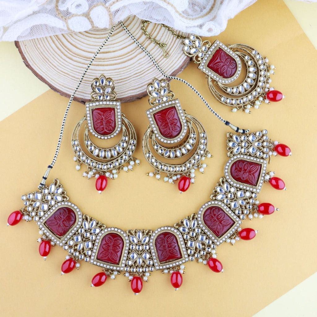 Women's 18k Gold Plated Traditional Red Pearl Kundan & Stone Studded Jewellery Necklace Set with Maang Tikka