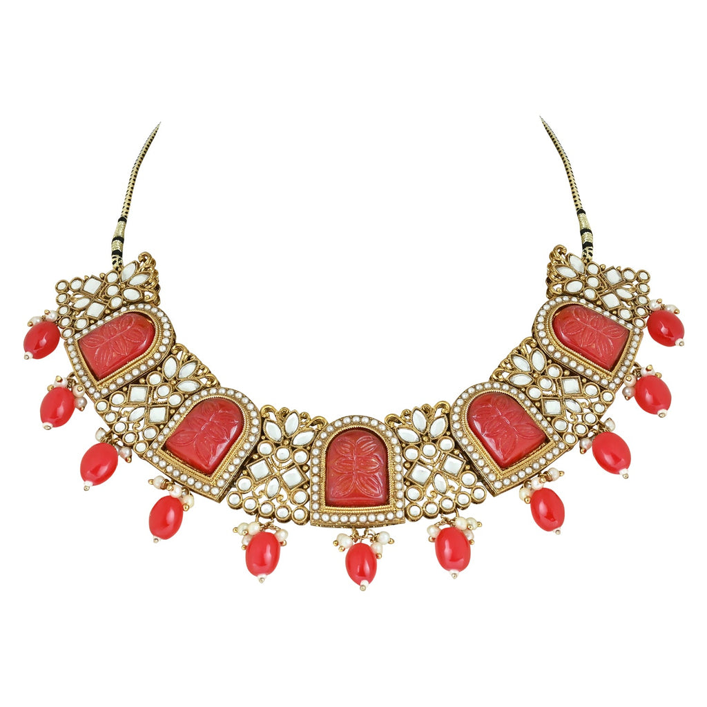 Women's 18k Gold Plated Traditional Red Pearl Kundan & Stone Studded Jewellery Necklace Set with Maang Tikka