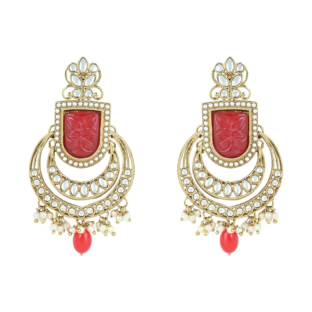 Women's 18k Gold Plated Traditional Red Pearl Kundan & Stone Studded Jewellery Necklace Set with Maang Tikka