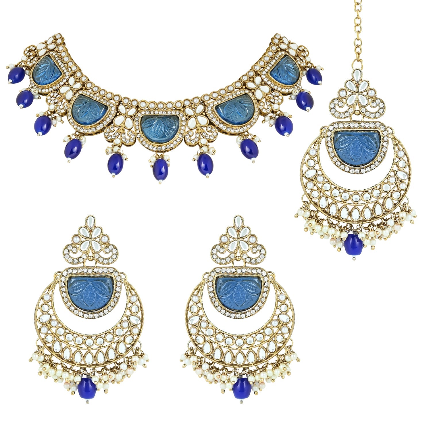Women's 18k Gold Plated Traditional Pearl Kundan & Stone Studded Jewellery Necklace Set with Maang Tikka  - I Jewels