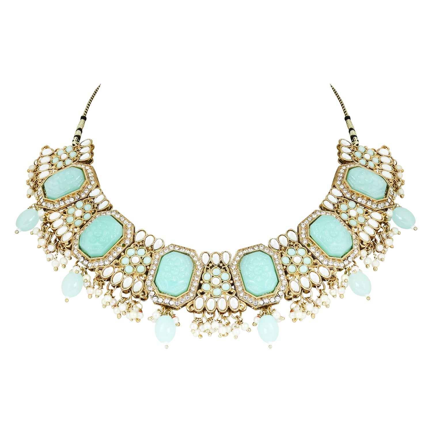 Women's 18k Gold Plated Traditional Pearl Kundan & Stone Studded Jewellery Necklace Set with Maang Tikka  - I Jewels
