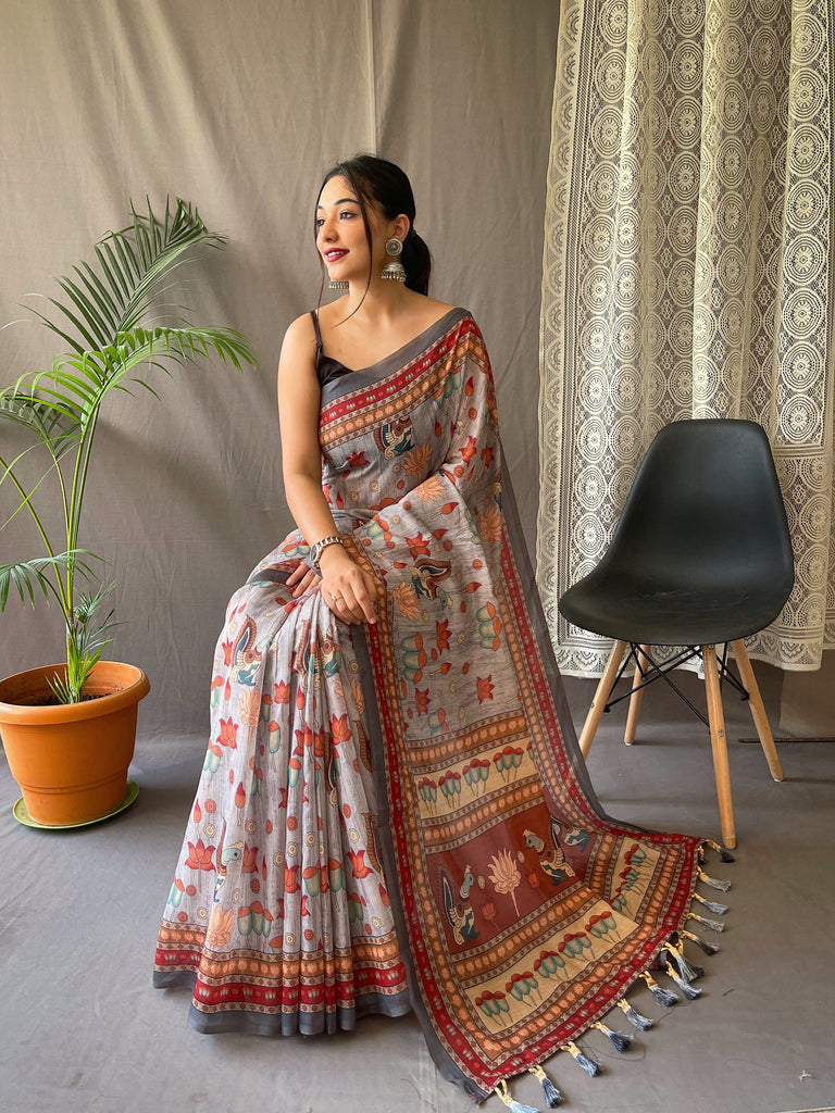 Women's Ash Grey Color Kadambari Cotton Kalamkari Printed Saree Ash Grey