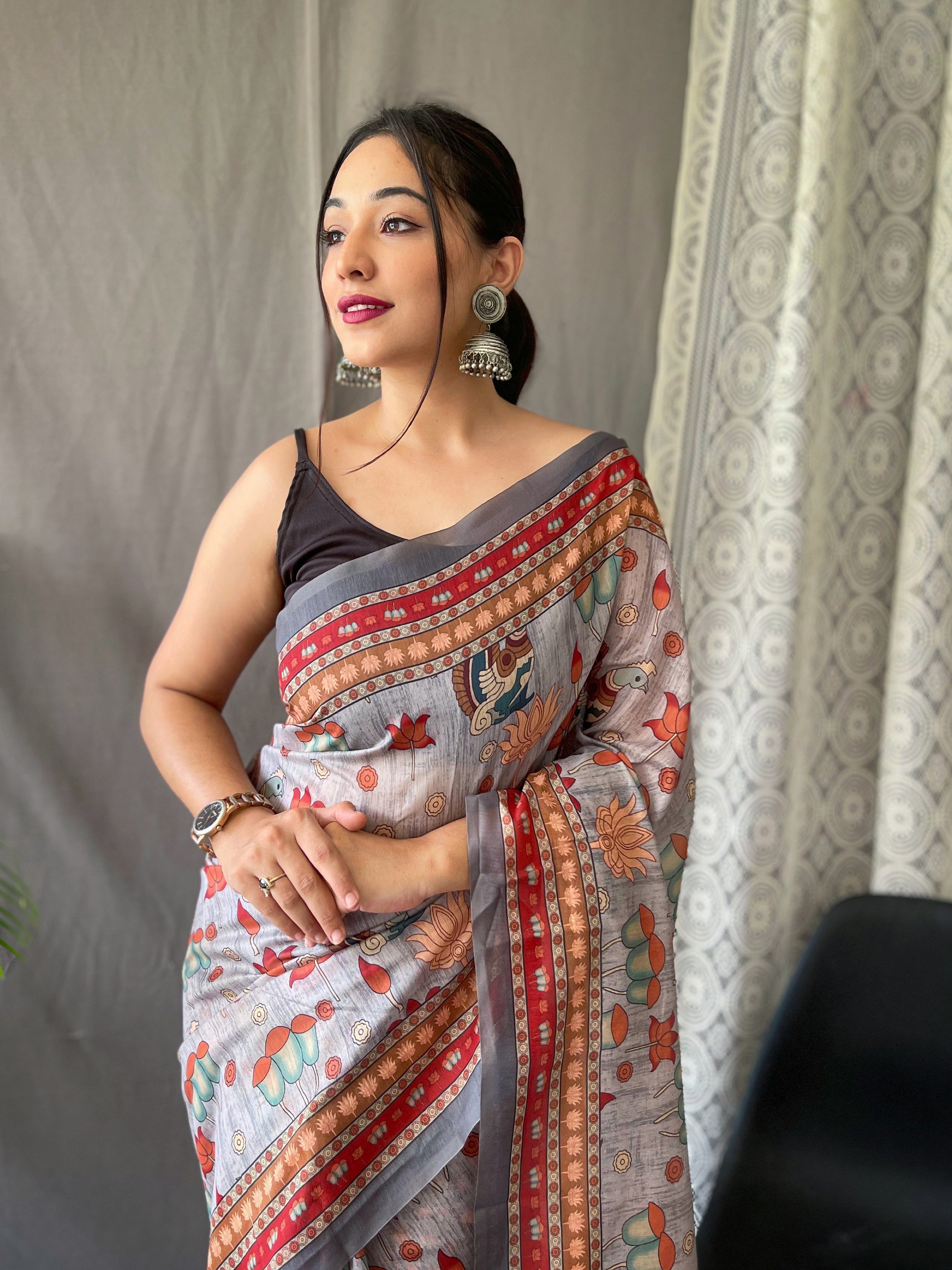 Women's Ash Grey Color Kadambari Cotton Kalamkari Printed Saree Ash Grey - TASARIKA
