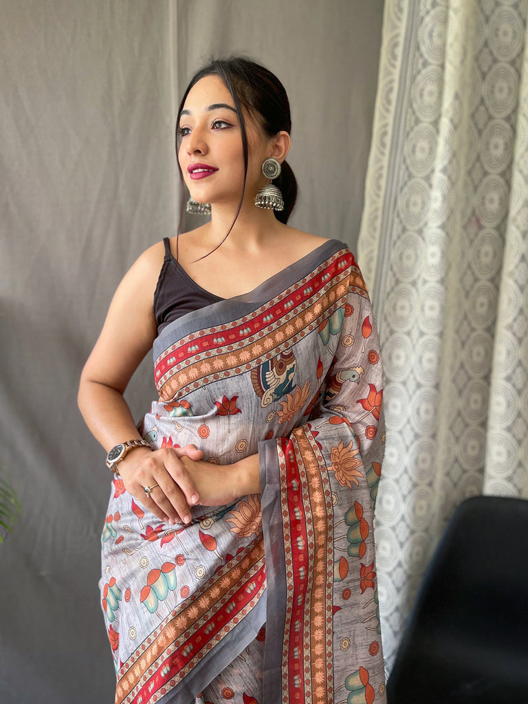 Women's Ash Grey Color Kadambari Cotton Kalamkari Printed Saree Ash Grey