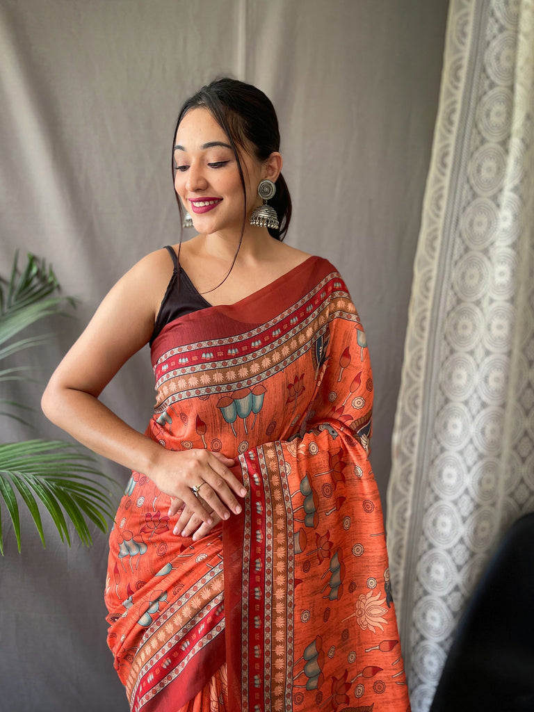 Women's Orange Color Kadambari Cotton Kalamkari Printed Saree Orange