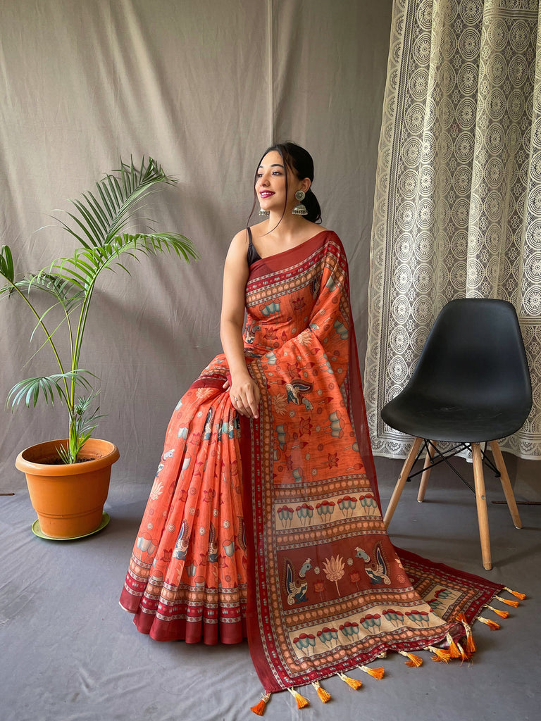 Women's Orange Color Kadambari Cotton Kalamkari Printed Saree Orange