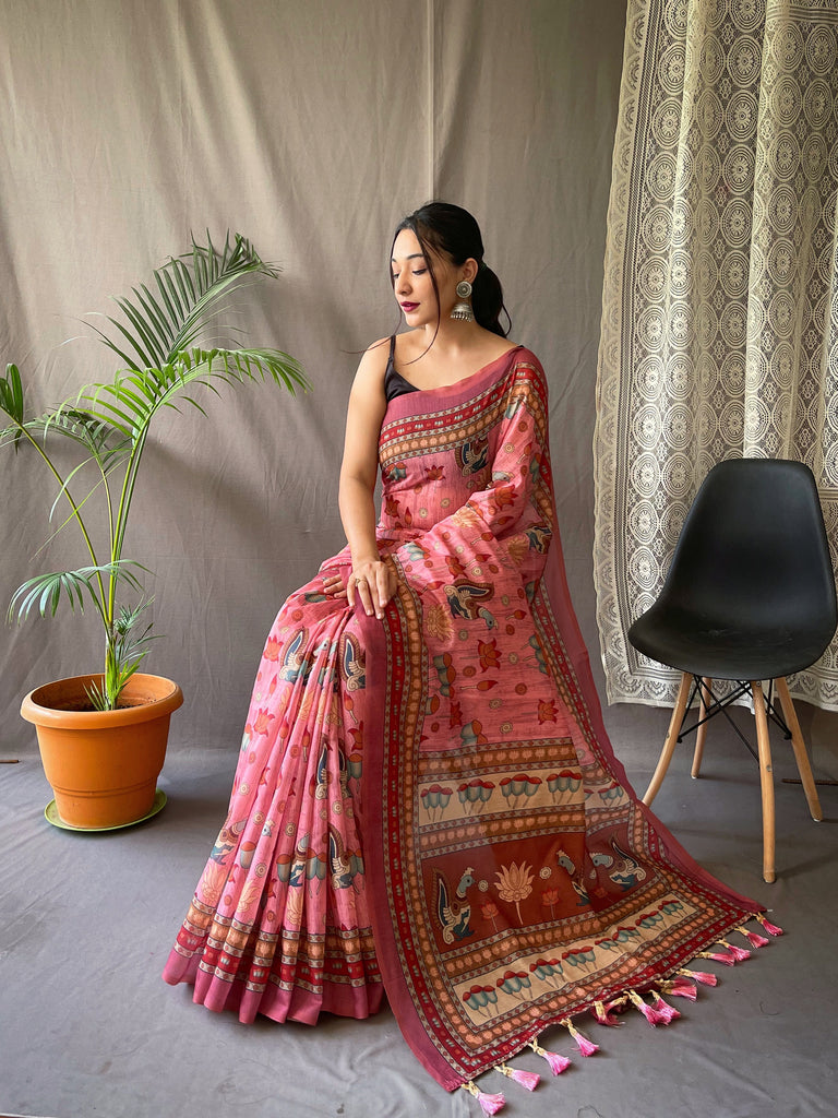 Women's Pink Color Kadambari Cotton Kalamkari Printed Saree Pink