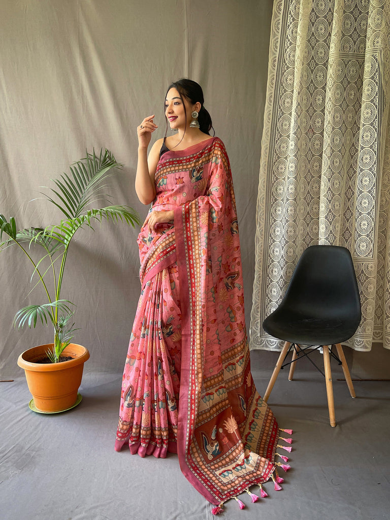 Women's Pink Color Kadambari Cotton Kalamkari Printed Saree Pink