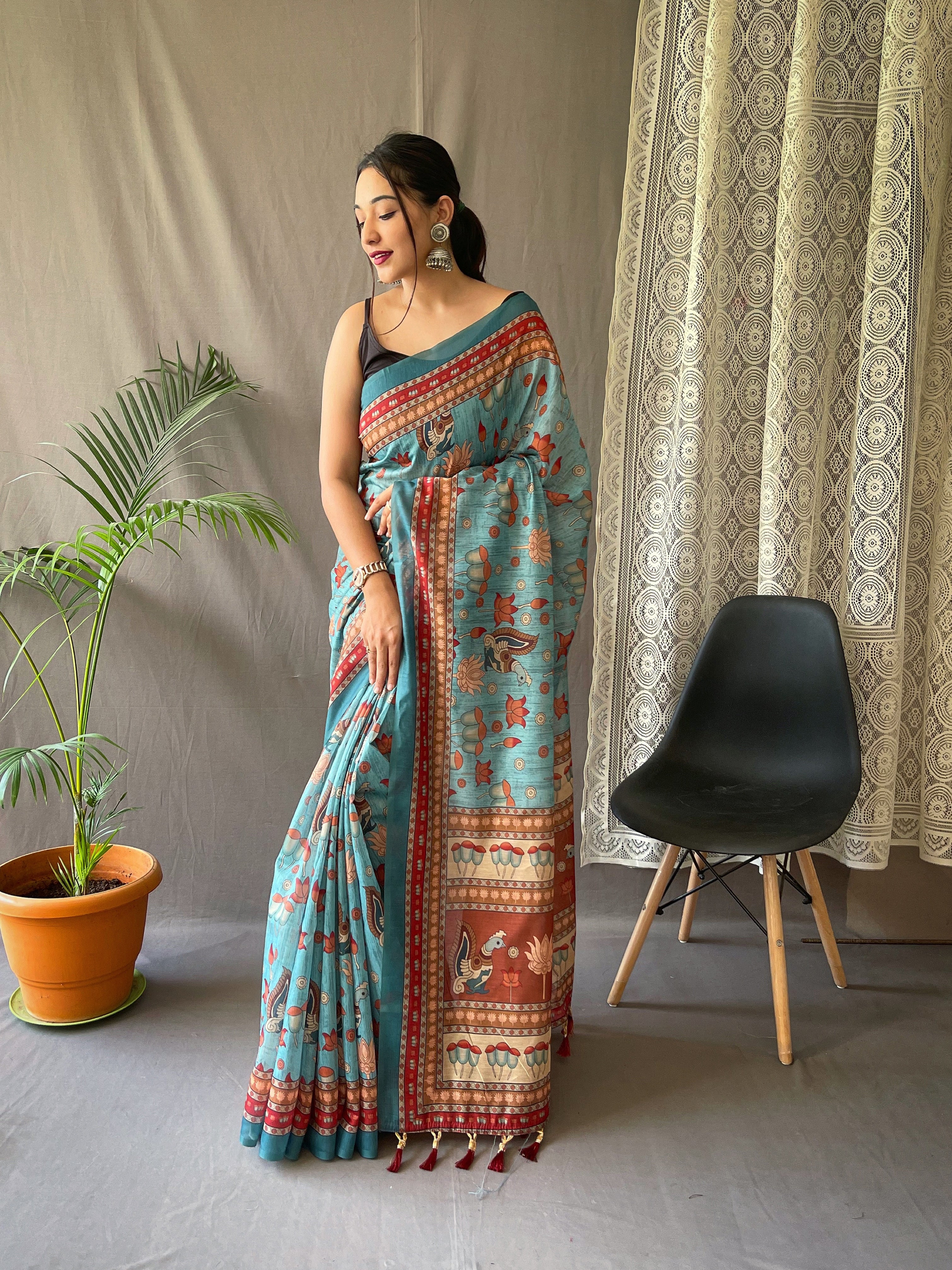 Women's  Blue Color Kadambari Cotton Kalamkari Printed Saree Blue