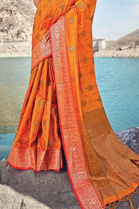 Women's Vivid Orange Banarasi Saree - Karagiri