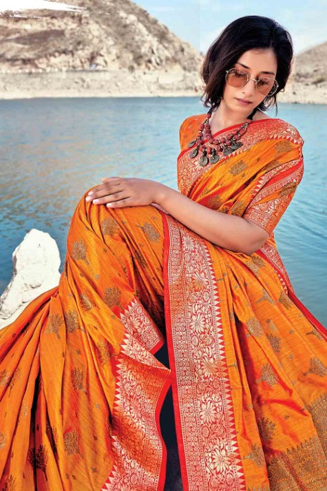 Women's Vivid Orange Banarasi Saree - Karagiri