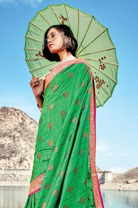 Women's Vibrant Green Banarasi Saree - Karagiri
