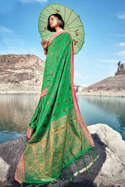 Women's Vibrant Green Banarasi Saree - Karagiri