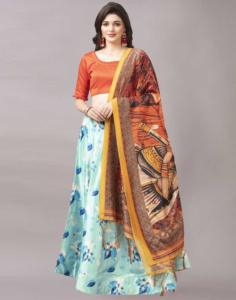 Women's Digital Print Shiney Satin Semistitched Lehenga Choli With Unstitched Blouse And Thred Work Dupatta