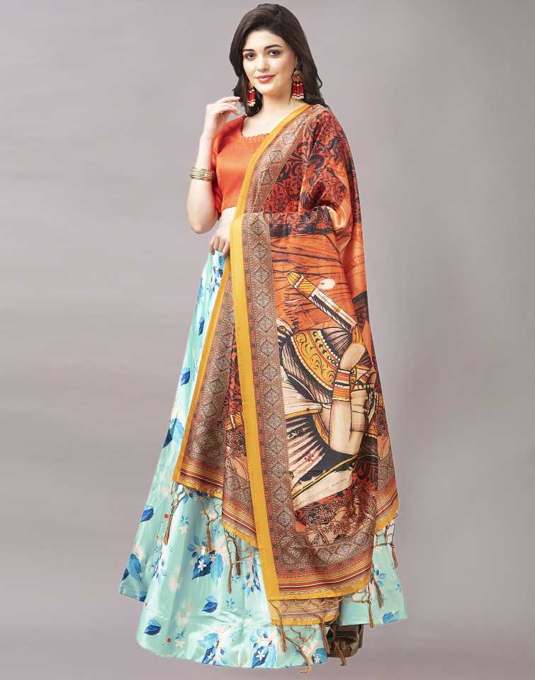 Women's Digital Print Shiney Satin Semistitched Lehenga Choli With Unstitched Blouse And Thred Work Dupatta