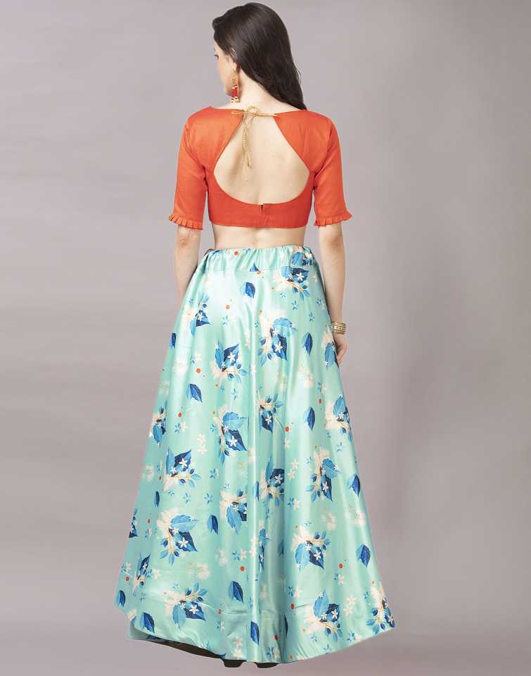 Women's Digital Print Shiney Satin Semistitched Lehenga Choli With Unstitched Blouse And Thred Work Dupatta