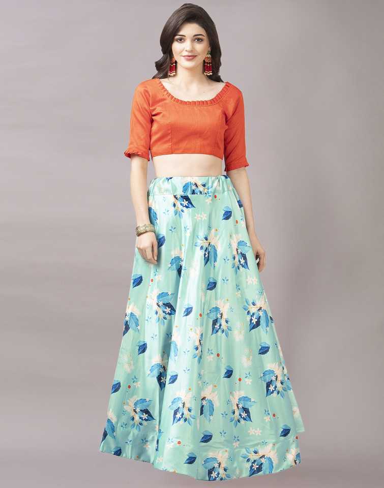 Women's Digital Print Shiney Satin Semistitched Lehenga Choli With Unstitched Blouse And Thred Work Dupatta