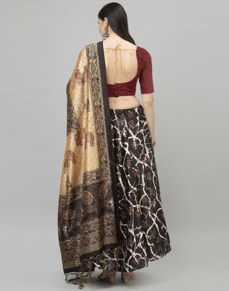 Women's Digital Print Shiney Satin Semistitched Lehenga Choli With Unstitched Blouse And Thred Work Dupatta