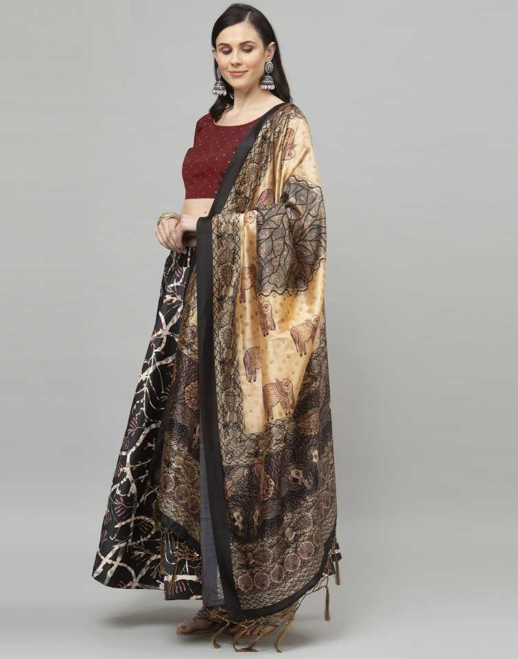 Women's Digital Print Shiney Satin Semistitched Lehenga Choli With Unstitched Blouse And Thred Work Dupatta