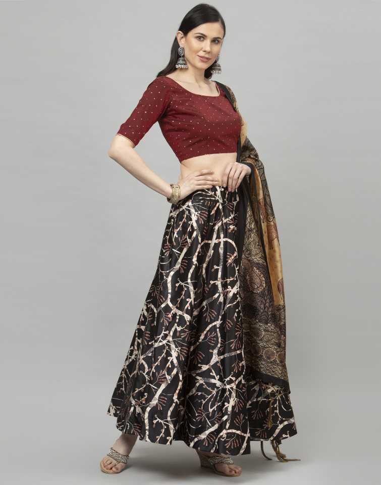 Women's Digital Print Shiney Satin Semistitched Lehenga Choli With Unstitched Blouse And Thred Work Dupatta