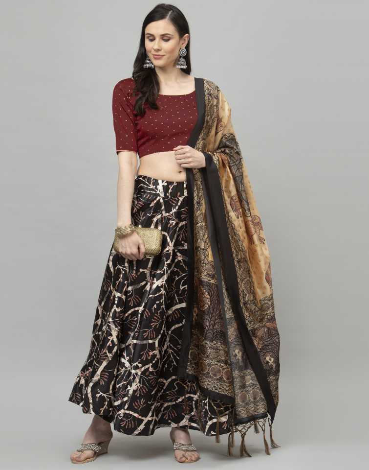 Women's Digital Print Shiney Satin Semistitched Lehenga Choli With Unstitched Blouse And Thred Work Dupatta