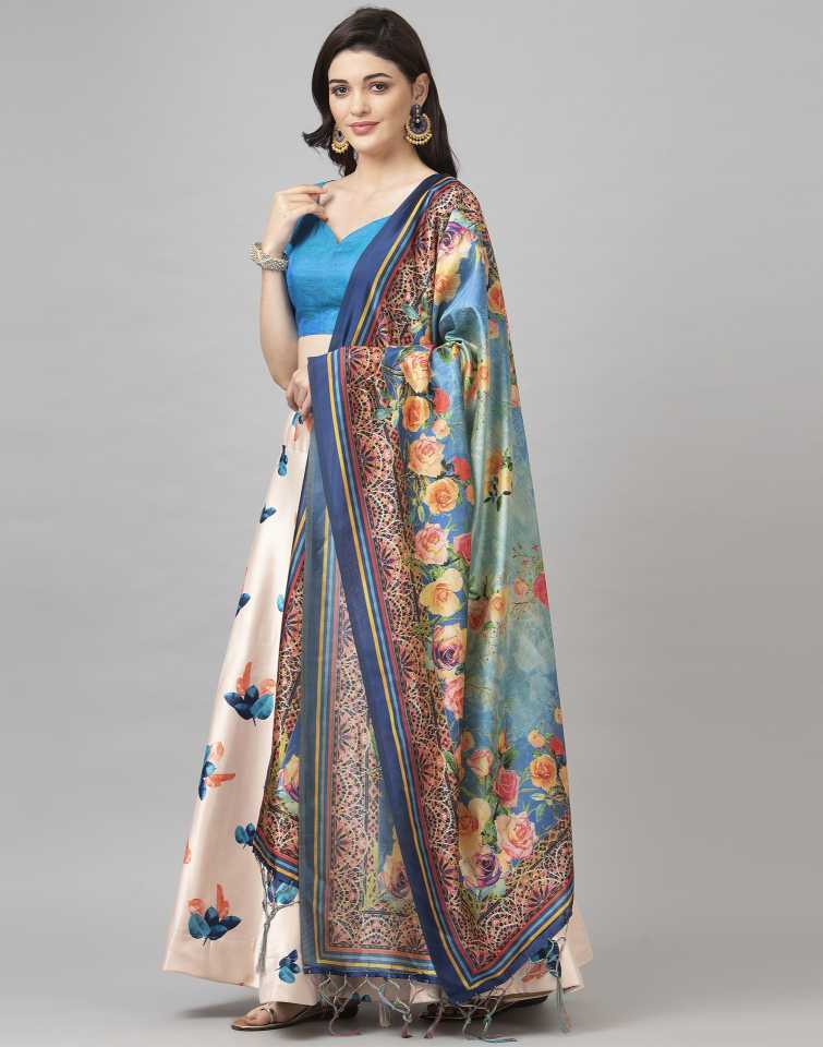 Women's Digital Print Shiney Satin Semistitched Lehenga Choli With Unstitched Blouse And Thred Work Dupatta