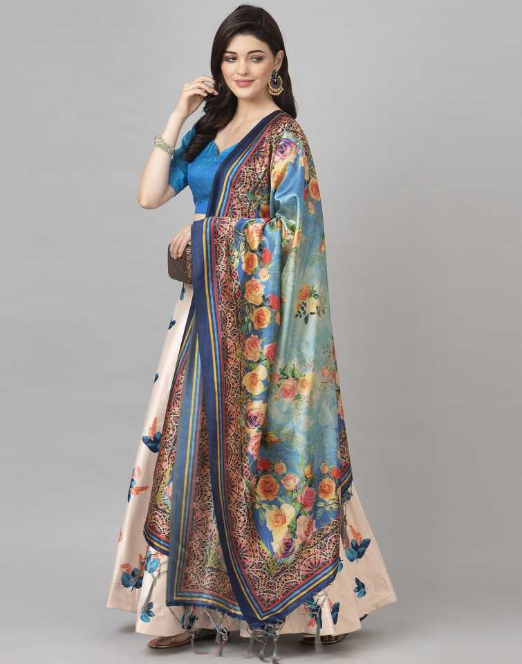 Women's Digital Print Shiney Satin Semistitched Lehenga Choli With Unstitched Blouse And Thred Work Dupatta