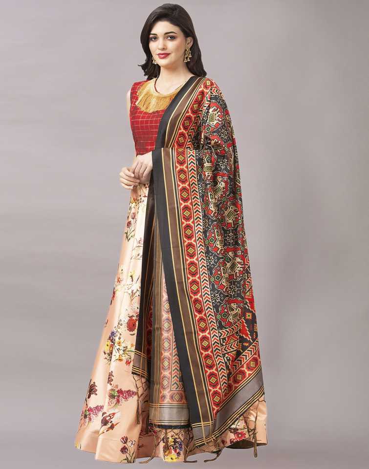 Women's Digital Print Shiney Satin Semistitched Lehenga Choli With Unstitched Blouse And Thred Work Dupatta