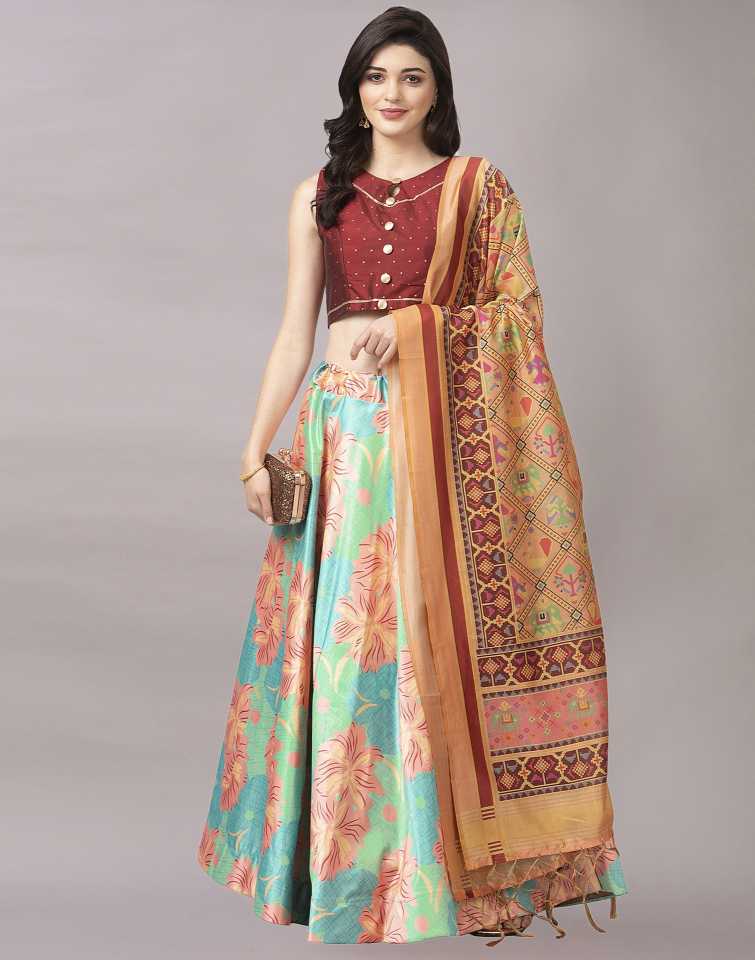 Women's Digital Print Shiney Satin Semistitched Lehenga Choli With Unstitched Blouse And Thred Work Dupatta