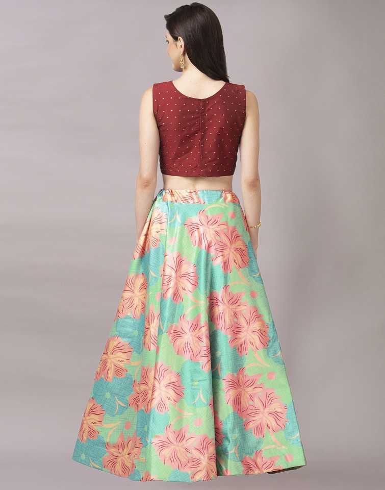 Women's Digital Print Shiney Satin Semistitched Lehenga Choli With Unstitched Blouse And Thred Work Dupatta