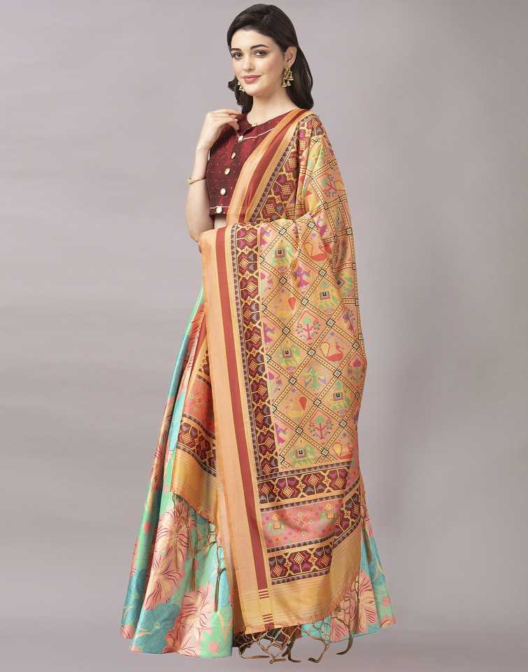 Women's Digital Print Shiney Satin Semistitched Lehenga Choli With Unstitched Blouse And Thred Work Dupatta