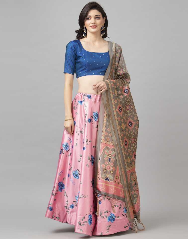 Women's Digital Print Shiney Satin Semistitched Lehenga Choli With Unstitched Blouse And Thred Work Dupatta