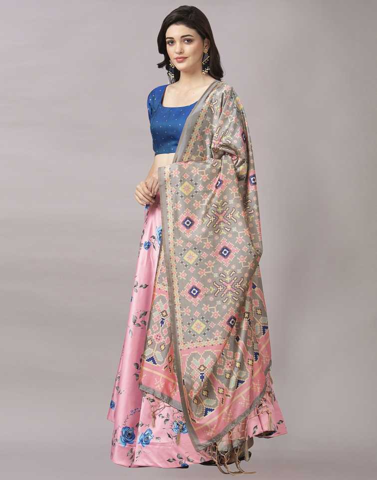 Women's Digital Print Shiney Satin Semistitched Lehenga Choli With Unstitched Blouse And Thred Work Dupatta