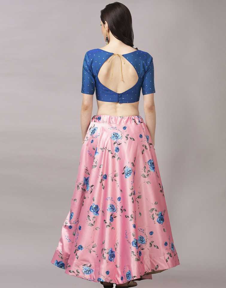 Women's Digital Print Shiney Satin Semistitched Lehenga Choli With Unstitched Blouse And Thred Work Dupatta