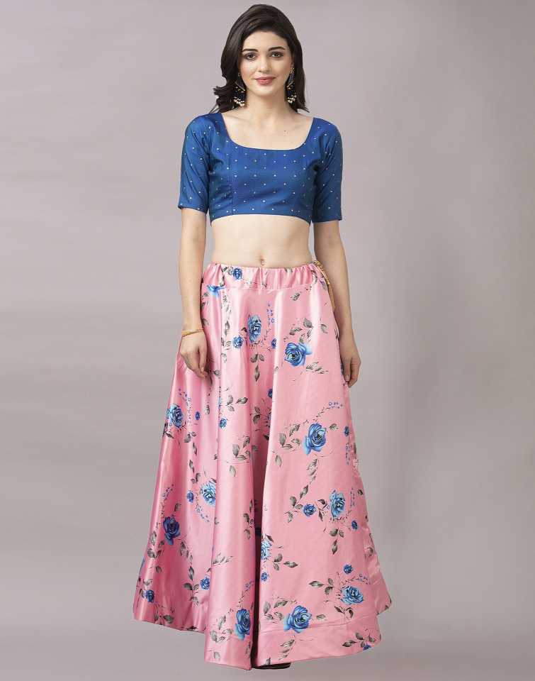 Women's Digital Print Shiney Satin Semistitched Lehenga Choli With Unstitched Blouse And Thred Work Dupatta