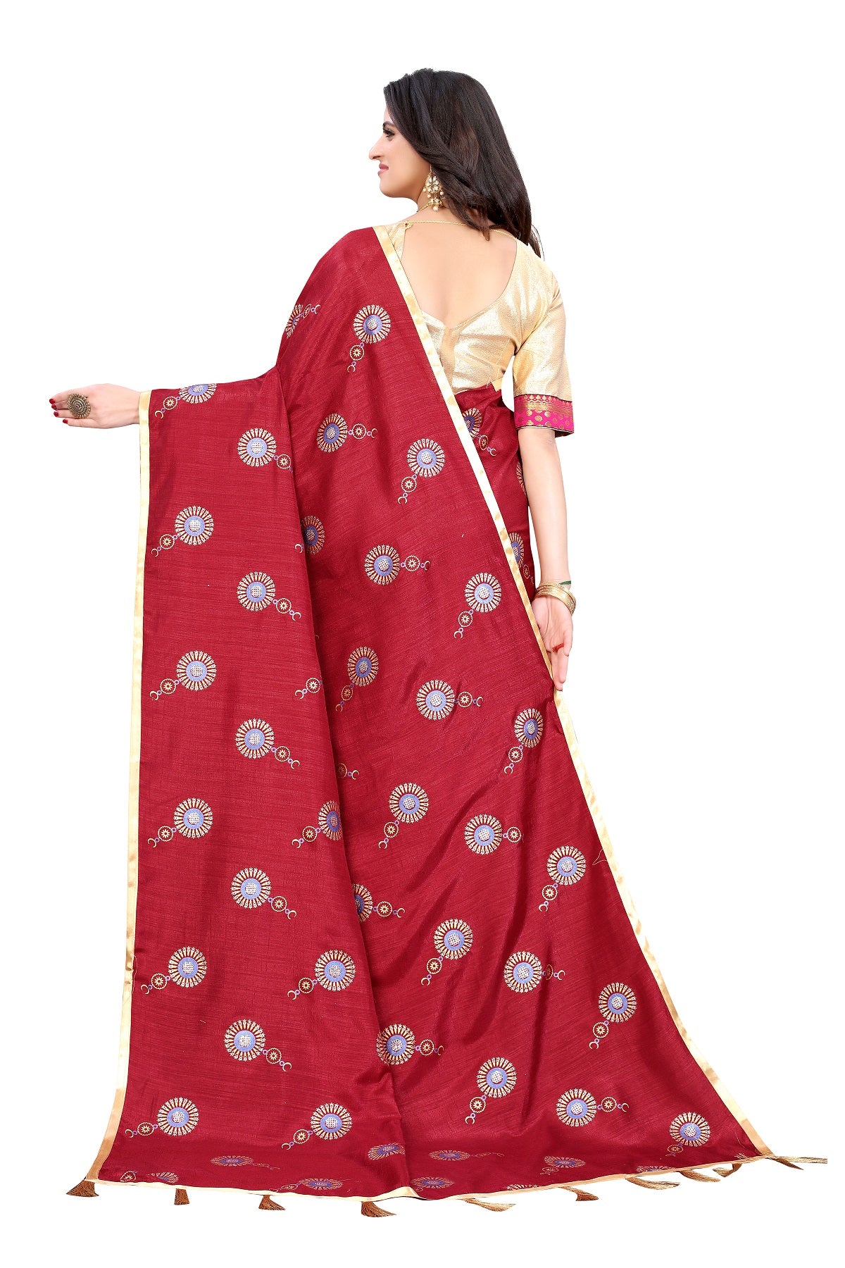 Women's Maroon Dola Silk Lace Work Saree - Vamika